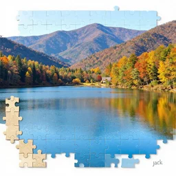 a lake surrounded by mountains and trees in the fall, a jigsaw puzzle by jack c. mancino, shutterstock contest winner, hudson river school, high dynamic range, photo taken with ektachrome, rich color palette