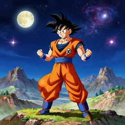 son goku, mountain landscape, night sky, digital art, digital painting, celestial, majestic, playful, colorful