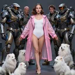 beautiful fantasy character portrait, natalie portman, wearing oversized transparent pink raincoat and white leotard, ultra realistic, wide angle, dramatic lighting, little white furry creatures, very seductive pose, mass effect artifacts, highly detailed by peter mohrbacher, hajime sorayama, wayne barlowe, boris vallejo, aaron horkey, gaston bussiere, craig mullins