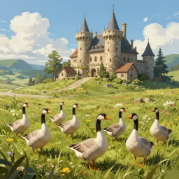 a flock of geese in a beautiful grass landscape with an old medieval house in the background, artstation, cgsociety, 8 k, cinematic, unreal engine, octane render, illustration digital painting, digital painting, artstation, concept art, sharp focus, art by wlop and greg rutkowski, rule of thirds, golden ratio, ambient lighting