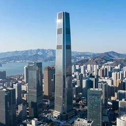 massive sky scrapper city, glass buildings, on a high mountain landscape, lakes and snowy mountains
