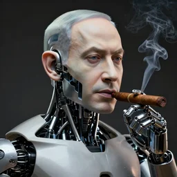 a portrait of an advanced cyborg as benjamin netanyahu smoking a cigar, half robotic face, dramatic lighting, octane render, neutral colors, sharp, 4 k