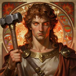 the greek god hephaestus, brown hair, holding hammer, facing forward, steampunk, beautiful glowing eyes, volumetric lights, red and orange theme, art nouveau botanicals, intricate, highly detailed, digital painting, artstation, concept art, smooth, sharp focus, cinematic, illustration, beautiful face, art by artgerm and greg rutkowski and alphonse mucha