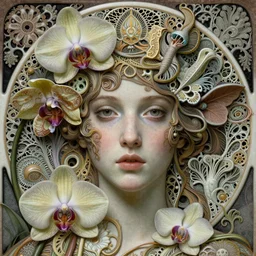 beautiful young orchidwoman detailed realistic porcelain face portrait by jean delville, gustave dore, iris van herpen and marco mazzoni, art forms of nature by ernst haeckel, art nouveau, symbolist, visionary, gothic, neo - gothic, pre - raphaelite, fractal lace, intricate alien botanical biodiversity, surreality, hyperdetailed ultrasharp octane render