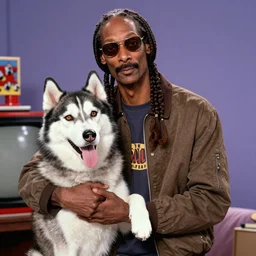 anthropomorphic husky holding Snoop Dogg for a 1990s sitcom tv show, Studio Photograph, portrait, C 12.0