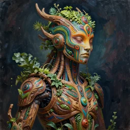 hyper - detailed fine painting of a synthetic humanoid psychedelic mystic cyborg hybrid half cybernetic and half made of plants and wood, concept art magical highlight, ful color tribal and technologic art