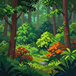 lush colorful deciduous forest in a humid subtropical climate, atmospheric detailed pixel art by pedro medeiros, trending on artstation