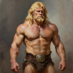 a realistic muscular blonde neanderthal man painting - n 4,