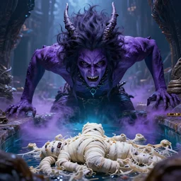 unexpected windfall, dragon fodder, kardur’s vicious return, cinematic, hyper realism, high detail, octane render, unreal engine, 8k, vibrant color, entrance to the immortality pool, dark purple skin with dark hair and full black eyes, discovery, unexplained disappearance, mephitic vapors, disposal mummy, by dom qwek and andrea chiampo