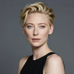 the close - up portrait photo of young beautiful tilda swinton weared in black dress in studio