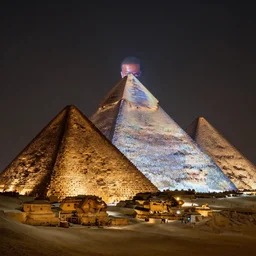 a hologram of Kanye West projected on top of the Great Pyramids of Giza at night.