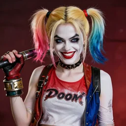 an in game portrait of harley quinn from doom eternal, doom eternal art style.