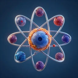 you are best particle physicist in the world. you are knowledgeable and imaginative, you have refined aesthetic sensibility and you also know how to communicate your ideas to others. show me the best and most beautiful 3 d representation of the oxygen atom you can imagine.