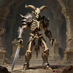 A spiked horned semiork-semihuman skeleton with armored joints stands in a large cavernous throne room with sword in hand. Massive shoulderplates, boots, knees. Extremely high detail, realistic, fantasy art, solo, masterpiece, bones, ripped flesh, saturated colors, art by Zdzisław Beksiński, Arthur Rackham, Dariusz Zawadzki