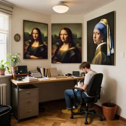 a cozy little office nook with a cat in it, dmitry spiros, leonardo da vinci, jacques - louis david, johannes vermeer, 8 k, wide angle,