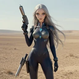 pleiadian woman with big eyes and long silver hair wearing a dark body suit and holding a plasma gun standing in barren fields, art by greg rutkowski