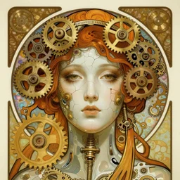 A close-up portrait of a beautiful female android wearing a cracked porcelain face by Alphonse Mucha, exposed gears, steampunk, gears, art nouveau card, concept art, wlop, trending on artstation
