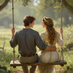 a couple sitting on a swing together, blurred backround, back profile, beautiful, digital painting, artstation, concept art, soft light, hdri, smooth, sharp focus, illustration, fantasy, intricate, elegant, highly detailed, D&D, matte painting, in the style of Greg Rutkowski and Alphonse Mucha and artemisia, 8k, highly detailed, jurgens, rutkowski, bouguereau, pastoral, rustic, georgic