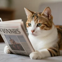 a calico cat reading the news
