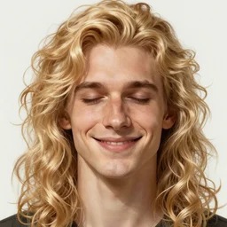 Blond Lucius with closed eyes smiling, very detailed sharp angular masculine face, hooked nose and square jaw, long fluffy curly blond hair, light blond hair, NO BEARD, gorgeous, beautiful, intricate, highly detailed, digital painting, artstation, concept art, sharp focus, illustration, art by greg rutkowski and alphonse mucha cfg_scale 8.0