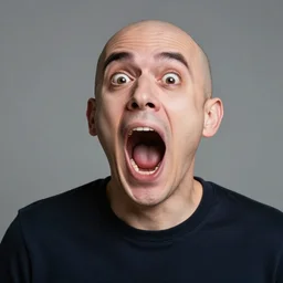 1 9 9 2 cgi test of bald man with mouth wide open in a cartoony fashion on gray background