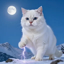giant white cat on a snowy mountain with lightning coming out of its paws, blue sky background with moon