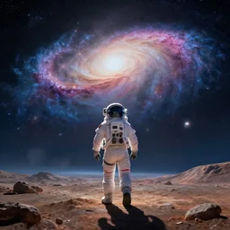a astronaut walking on a alien planet with a giant galaxy appearing in the sky, digital art, anime style, 8K HDR, octane render, unreal engine 5, path tracing, breathtaking landscape, cinematic lighting, trending on Artstation, high quality, highly detailed, trending on DeviantArt
