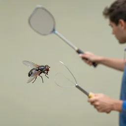hyperrealism perspective of a housefly getting swatted at from a man with a fly swatter