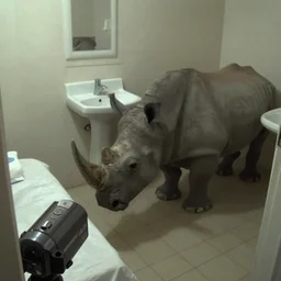 a rhinoceros in a public bathroom with a bed, by mini dv camera, very low quality, heavy grain, blurry, caught on trail cam