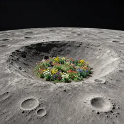 a landscape on the moon with many craters, barren moon landscape, in a big crater at the center there is a beautiful flowering garden, 8 k, in the style of martin johnson heade and daniel merriam and roger dean