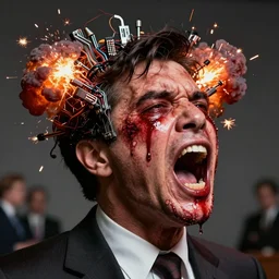 uhd hyperrealistic photorealisitc hyperdetailed detailed jfk head exploding, puking blood, screaming, with sparking circuits, studio lighting, by ayami kojima amano karol bak, greg hildebrandt and mark brooks