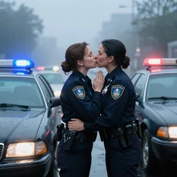 1990s, female cops kissing, vehicle light, rain, fog, highly detailed, cars parked