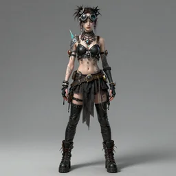 a cybergoth woman wearing goggles and eccentric jewelry by jamie hewlett :: full body character concept art, detailed, intricate