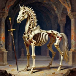 Very vibrant art. A spiked detailed horse skeleton with armored joints stands in a large cavernous throne room with halberd in hand. Massive shoulderplates. Extremely high details, realistic, fantasy art, solo, masterpiece, bones, ripped flesh, vibrant art by Zdzisław Beksiński, Arthur Rackham, Dariusz Zawadzki, Harry Clarke