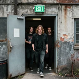 type : the band exit north coming out of and industrial door in a rough neighbourhood h 7 6 4