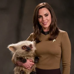 Gal Gadot and a Tribble in a scene from Star Trek the original series