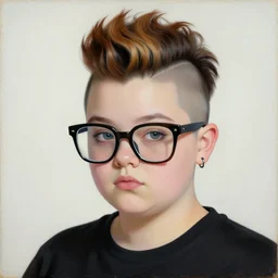 a chubby young goth girl an asymmetrical ombre mohawk wearing oversized euro glasses and a black tshirt. high key, anaglyph lighting, detailed character design, melancholic flat geometric minimalism by oskar schlemmer, moebius, nagel, john berkey, oil on canvas, portrait facial head, featured on artstation, hd wallpaper, anime art nouveau cosmic display