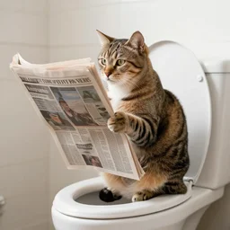 cat sitting on the toilet reading a newspaper