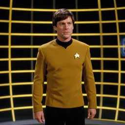 handsome starfleet ensign wesley crusher entering the holodeck, holodeck is seen with its black background and yellow grid, film still