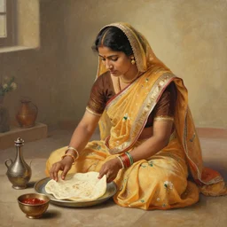 painting of a women in saree from 2 0 th century making chapati