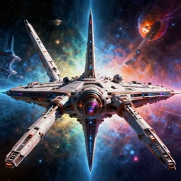 an epic space ship scene, by ridley scott, symmetric spaceship, elite dangerous, colorful, utopian scifi spaceship inspired by jupiter ascending, the culture, matrix, star wars, star citizen, halo, mass effect, starship troopers, elysium, the expanse, high tech research, artstation, cryengine, frostbite engine