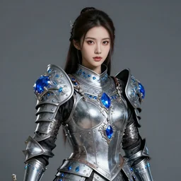 photo of a beautiful warrior with sapphire encrusted armour, highly detailed,