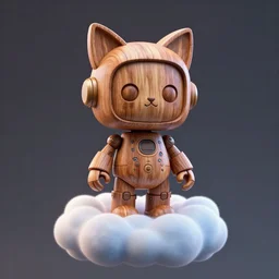 3 d octane render, ultra photorealistic, 8 k hyper detailed image, a beautiful wooden statue of a cute figurine of a robot wood with cat ears on a magic cloud, cyberpunk, klim