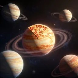 the entire beautiful solar system with pizza instead of planets, artstation, hyperrealistic, digital art, octane render, cinematic lightning, Nvidia omniverse, unreal engine 5, highly detailed, vivid colors