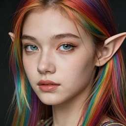 closeup hyper-realistic portrait of beautiful high-fantasy elf girl (rainbow hair, sharp detailed ears), intricate details, by Stanley Artgerm Lau, by greg rutkowski, by thomas kindkade, by alphonse mucha, loish, by norman rockwell J.