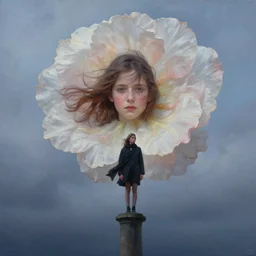 portrait, giant flower head, a girl standing on a pillar, surreal photography, wind and cold, dramatic sky, impressionist painting, digital painting, artstation, simon stalenhag