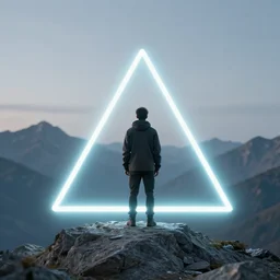 a man standing in the middle of a mountain with a glowy neon triangle, a render by filip hodas, behance contest winner, environmental art, rendered in cinema 4 d, volumetric lighting