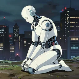 a male android, white shiny surface, kneeling down in mourning. cyberpunk city background. studio ghibli.