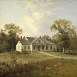 a building in a landscape, by george inness