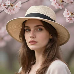 a candid portrait of a european female wearing a hat with sakura, naturel, hyper detailed, digital art, trending in artstation, cinematic lighting, studio quality, smooth render, unreal engine 5 rendered, octane rendered